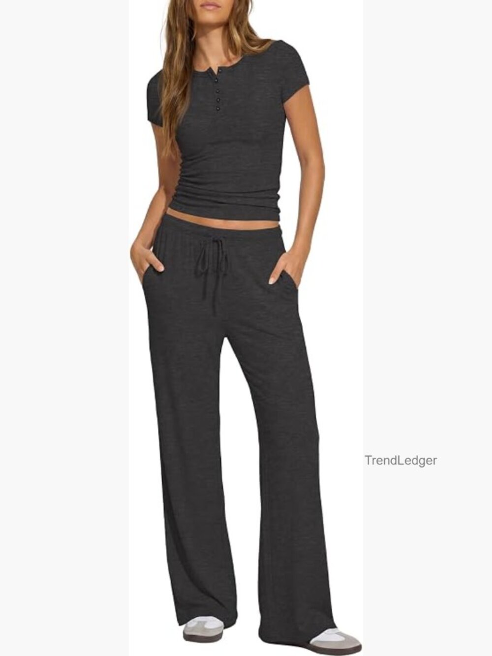 Two Piece Lounge Set Short Sleeve Henley Wide Leg Pants
